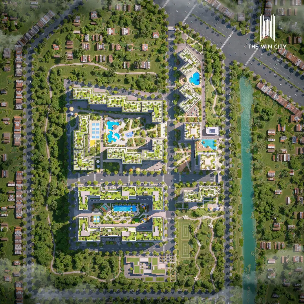 Phối cảnh nhìn từ trên cao về bố cục khu đô thị